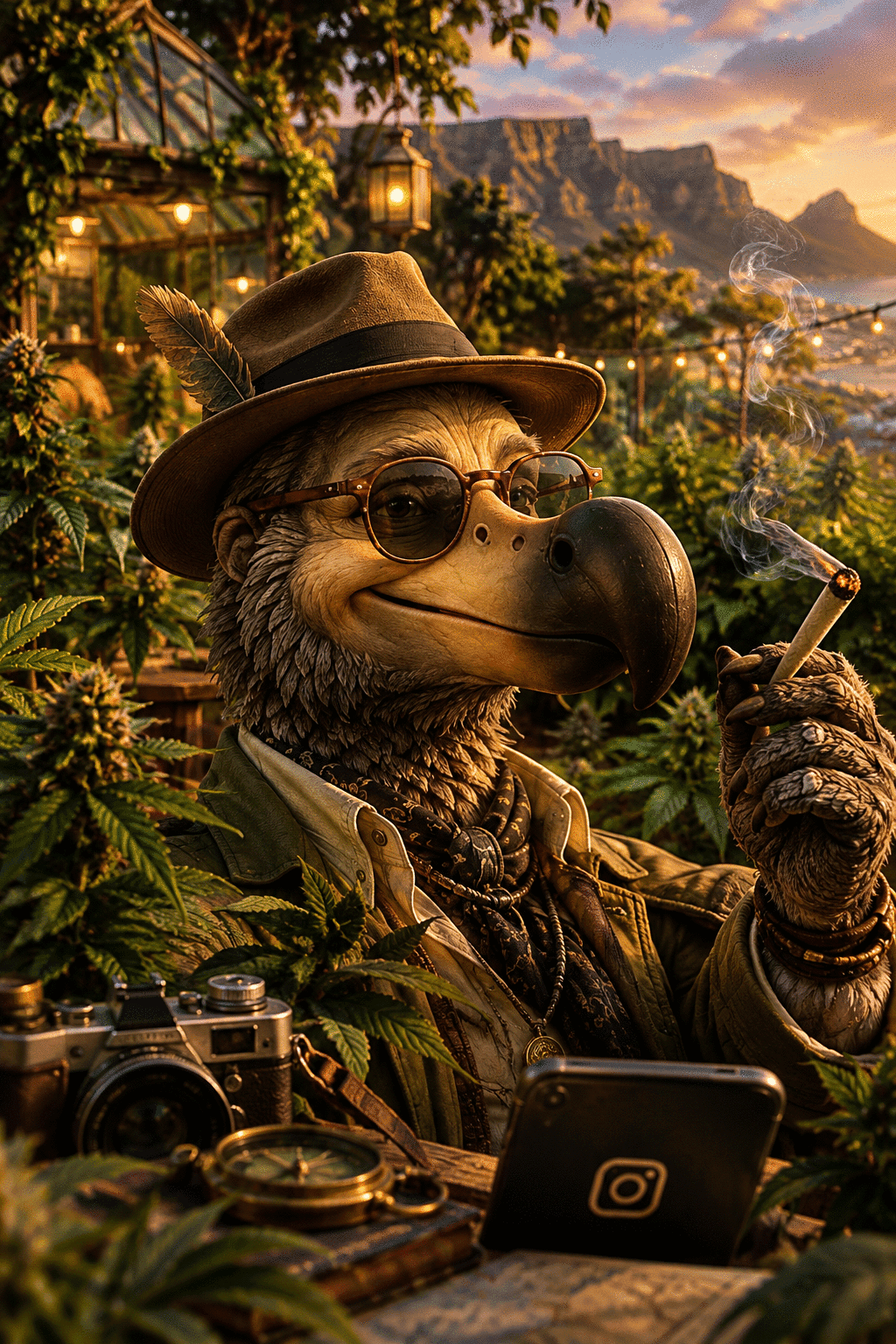 Dodo sitting among the cannabis plants at golden hour, smoking, with a camera, compass, and phone showing the Instagram icon on the table in front of him.